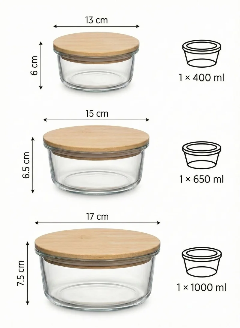 1Chase Round Borosilicate Round Glass Food Storage Containers with Bamboo Lids, 3 Sizes 400ML 650ML 1000ML, Airtight BPA-Free Meal Prep & Lunch Boxes, Reusable Plastic-Free Containers  | Best Price UAE